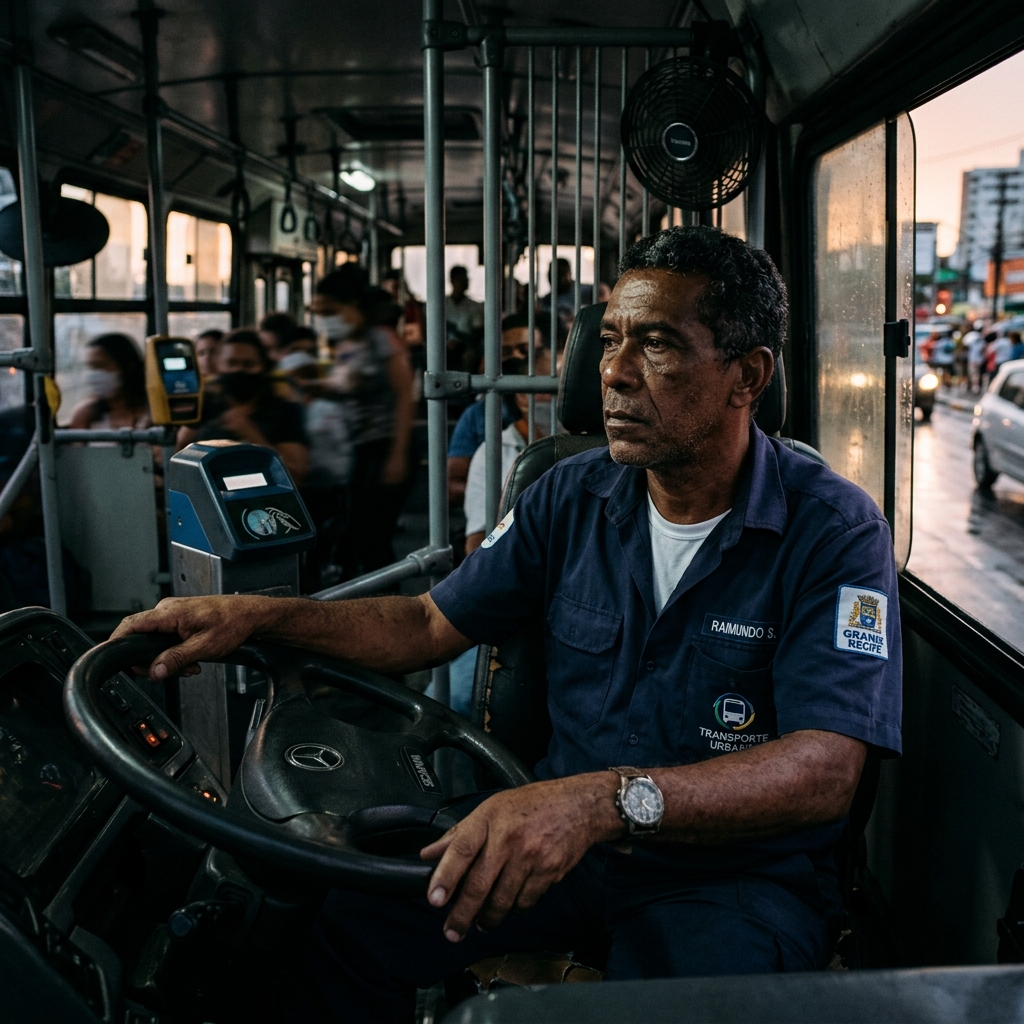 Motorista rodoviário enfrentando estresse e fadiga ao volante de um ônibus urbano